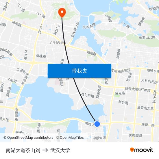 南湖大道茶山刘 to 武汉大学 map