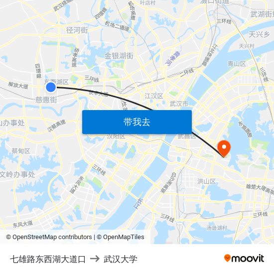 七雄路东西湖大道口 to 武汉大学 map