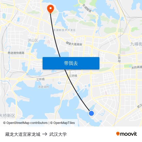 藏龙大道宜家龙城 to 武汉大学 map