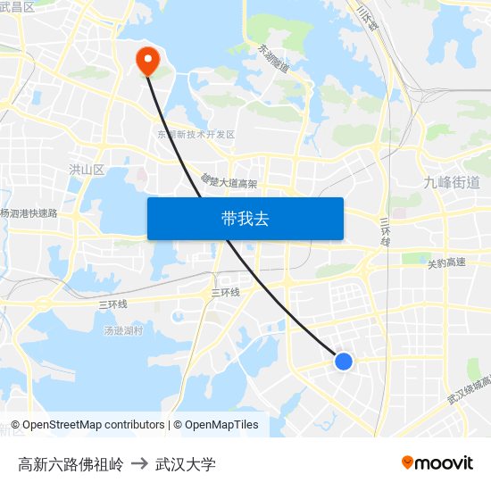 高新六路佛祖岭 to 武汉大学 map