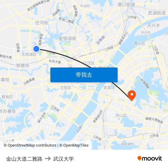 金山大道二雅路 to 武汉大学 map