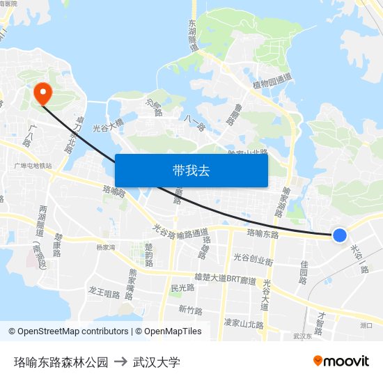 珞喻东路森林公园 to 武汉大学 map