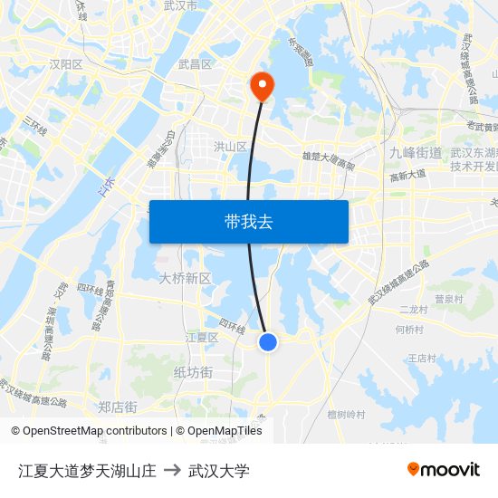 江夏大道梦天湖山庄 to 武汉大学 map