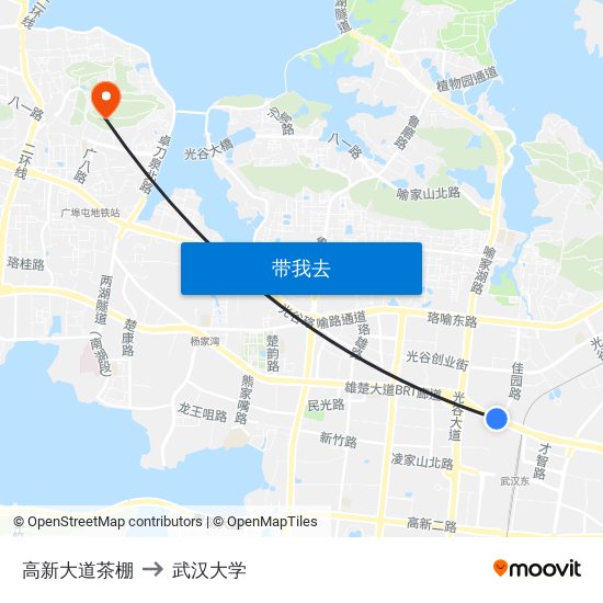 高新大道茶棚 to 武汉大学 map