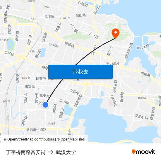 丁字桥南路富安街 to 武汉大学 map