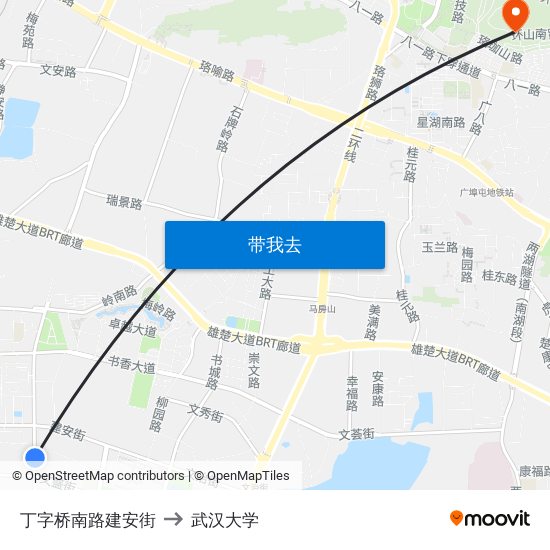 丁字桥南路建安街 to 武汉大学 map