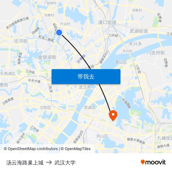 汤云海路巢上城 to 武汉大学 map