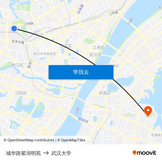 城华路紫润明苑 to 武汉大学 map
