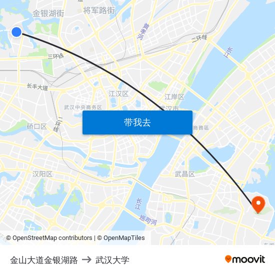 金山大道金银湖路 to 武汉大学 map