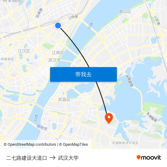 二七路建设大道口 to 武汉大学 map