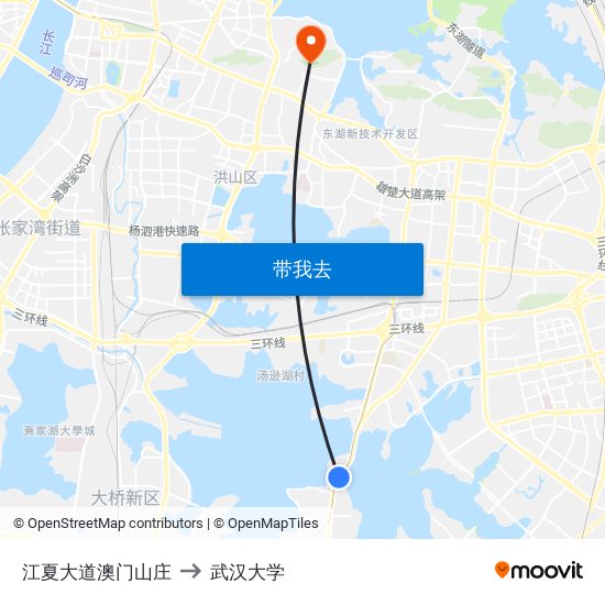 江夏大道澳门山庄 to 武汉大学 map