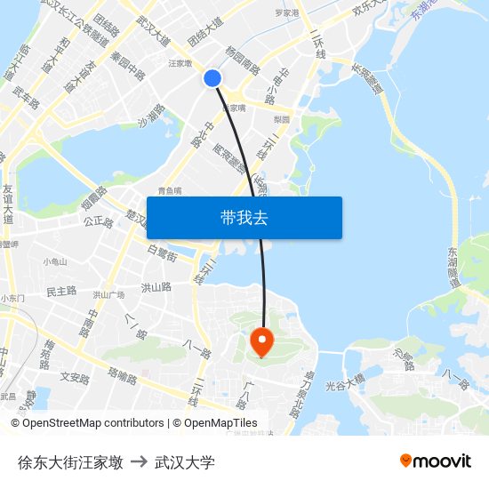 徐东大街汪家墩 to 武汉大学 map