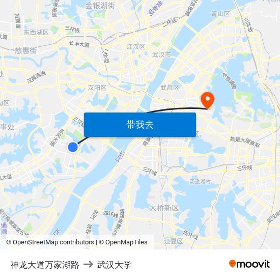 神龙大道万家湖路 to 武汉大学 map