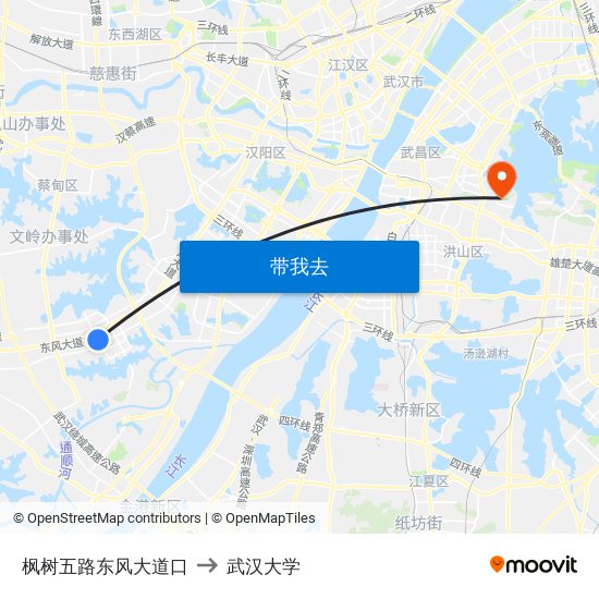 枫树五路东风大道口 to 武汉大学 map