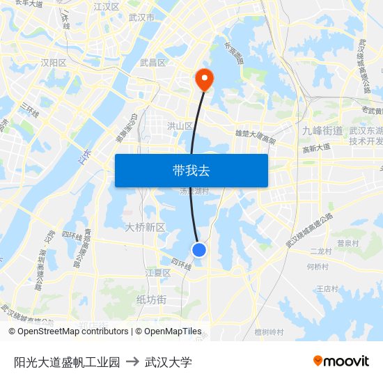 阳光大道盛帆工业园 to 武汉大学 map