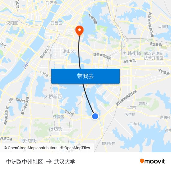 中洲路中州社区 to 武汉大学 map