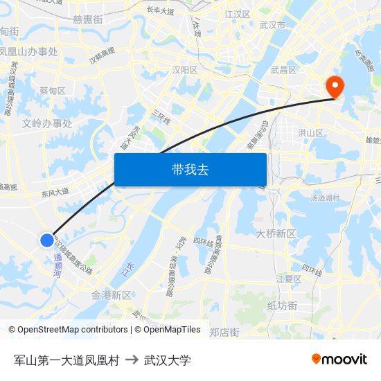 军山第一大道凤凰村 to 武汉大学 map