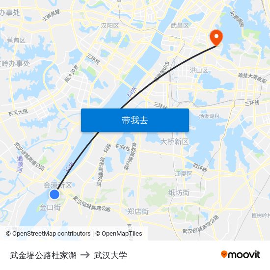 武金堤公路杜家澥 to 武汉大学 map