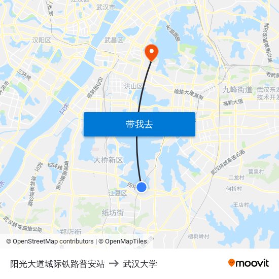 阳光大道城际铁路普安站 to 武汉大学 map