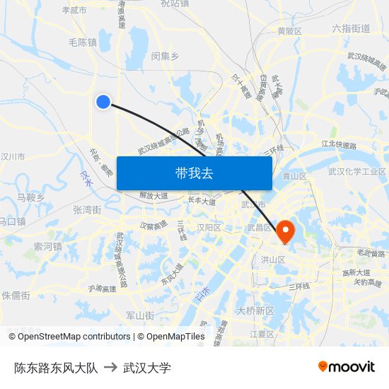陈东路东风大队 to 武汉大学 map