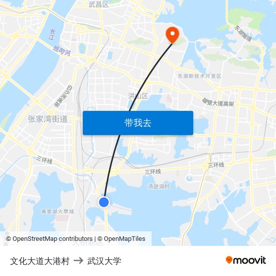 文化大道大港村 to 武汉大学 map