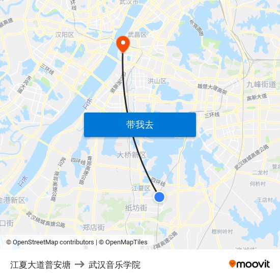 江夏大道普安塘 to 武汉音乐学院 map