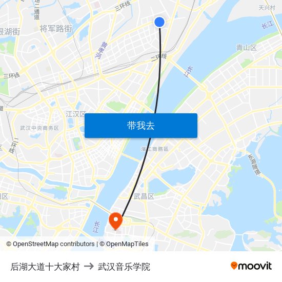 后湖大道十大家村 to 武汉音乐学院 map