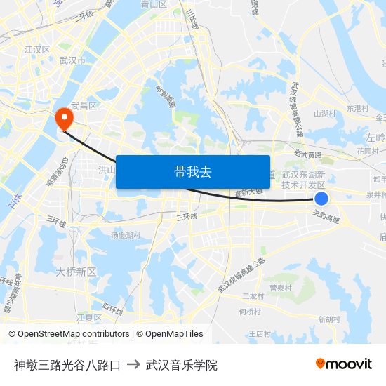 神墩三路光谷八路口 to 武汉音乐学院 map