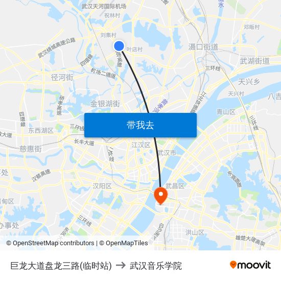 巨龙大道盘龙三路(临时站) to 武汉音乐学院 map