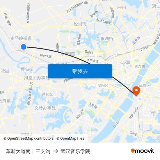 革新大道南十三支沟 to 武汉音乐学院 map