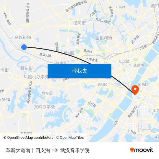 革新大道南十四支沟 to 武汉音乐学院 map