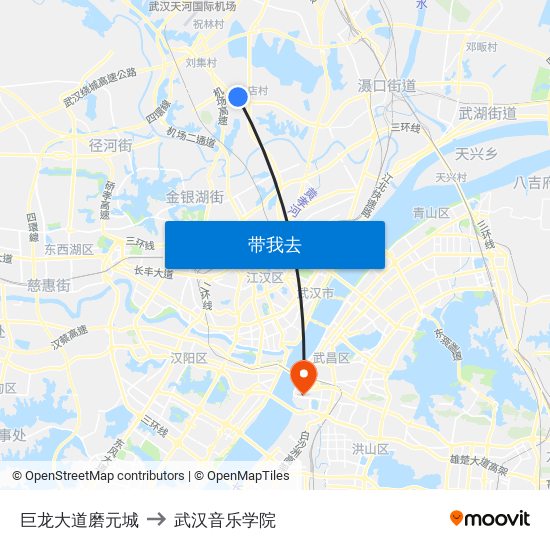 巨龙大道磨元城 to 武汉音乐学院 map