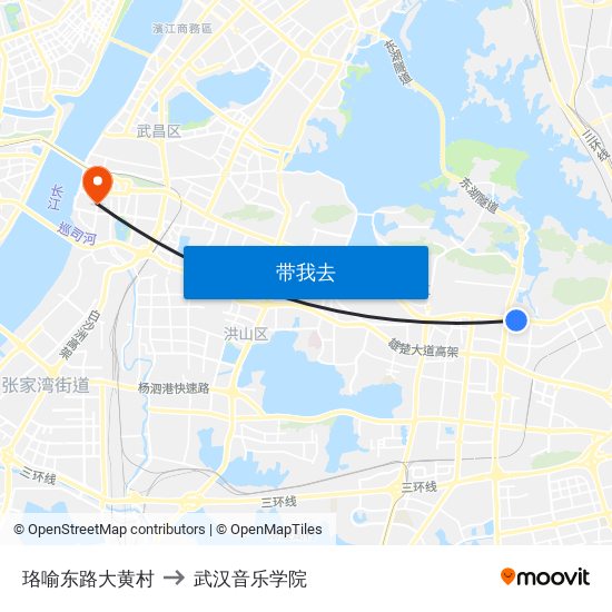 珞喻东路大黄村 to 武汉音乐学院 map