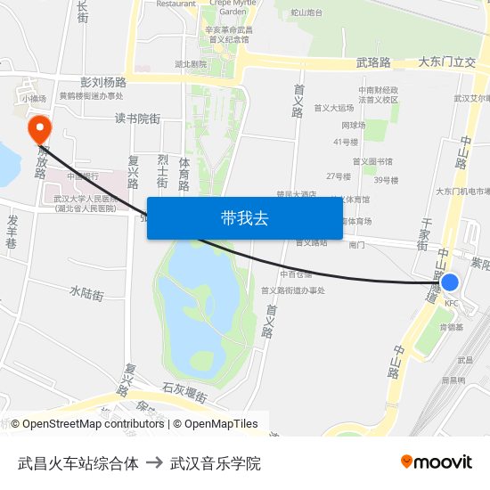 武昌火车站综合体 to 武汉音乐学院 map