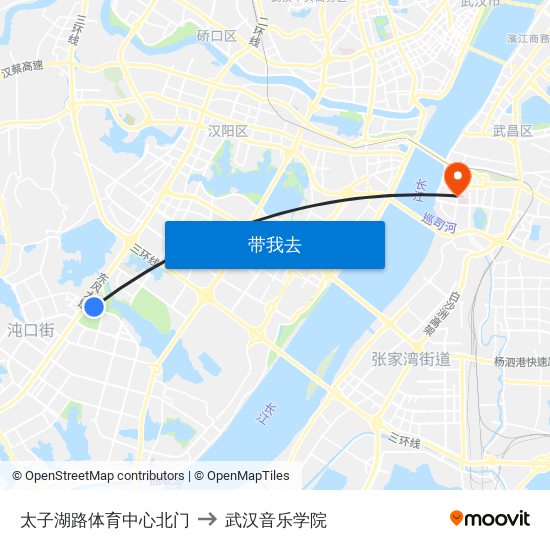 太子湖路体育中心北门 to 武汉音乐学院 map