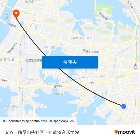 光谷一路梁山头社区 to 武汉音乐学院 map