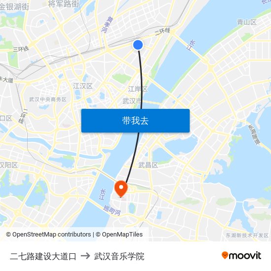 二七路建设大道口 to 武汉音乐学院 map