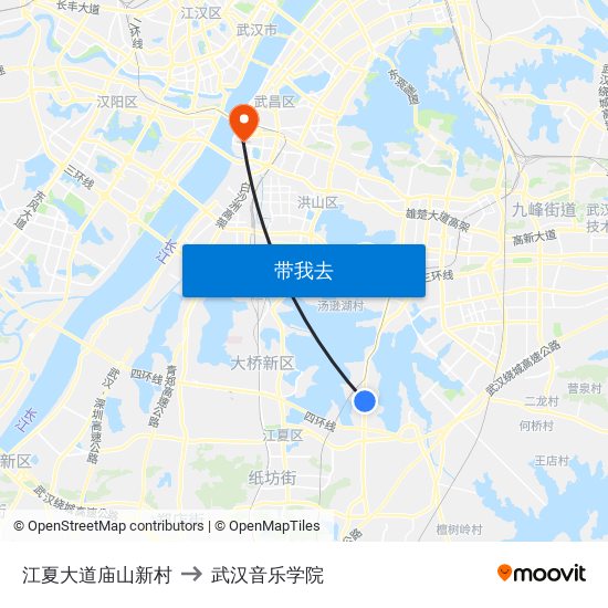 江夏大道庙山新村 to 武汉音乐学院 map