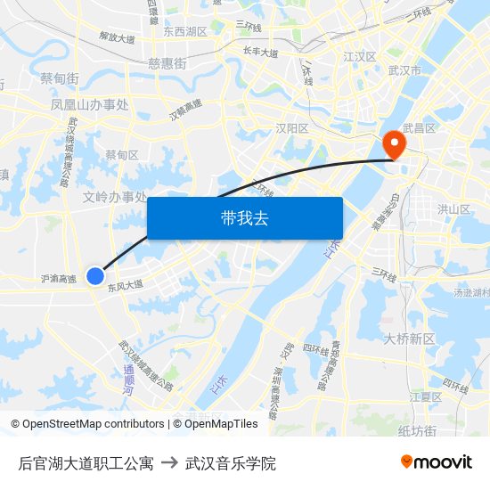 后官湖大道职工公寓 to 武汉音乐学院 map