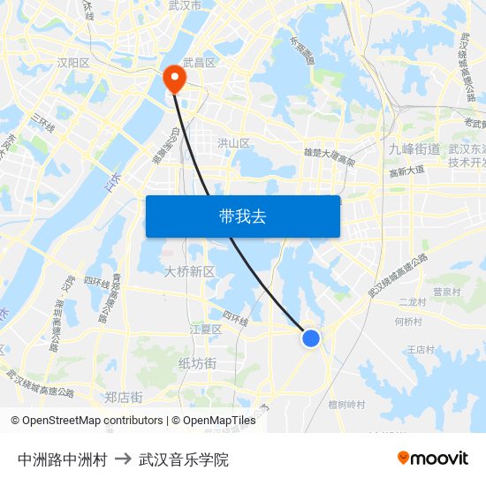 中洲路中洲村 to 武汉音乐学院 map