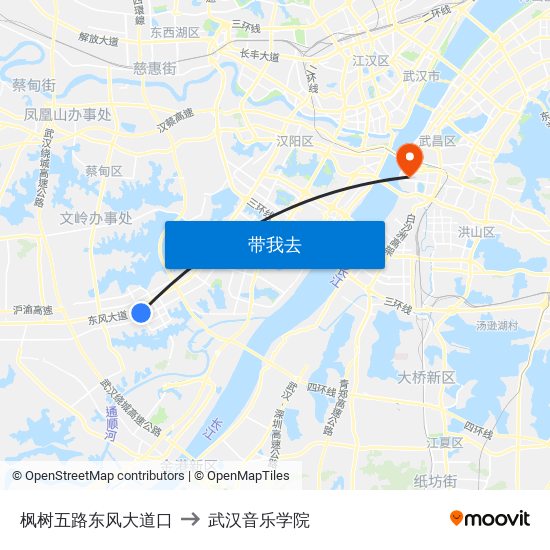 枫树五路东风大道口 to 武汉音乐学院 map