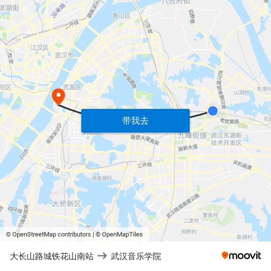 大长山路城铁花山南站 to 武汉音乐学院 map