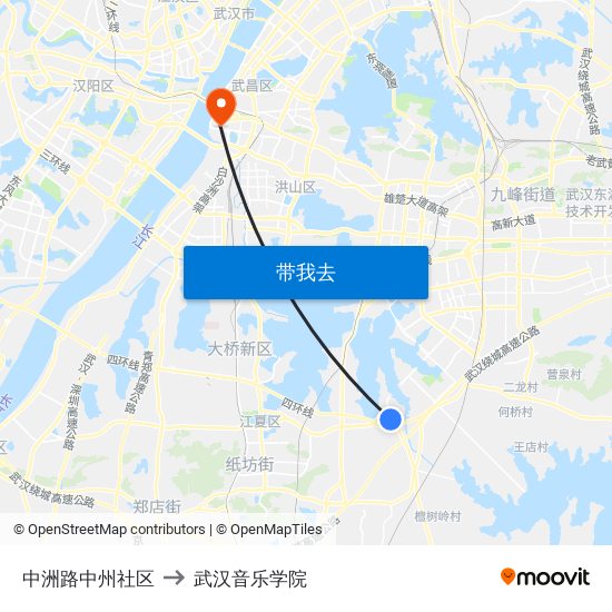 中洲路中州社区 to 武汉音乐学院 map