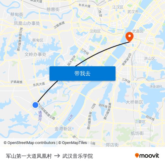 军山第一大道凤凰村 to 武汉音乐学院 map