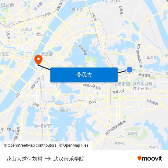 花山大道何刘村 to 武汉音乐学院 map