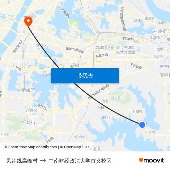 凤莲线高峰村 to 中南财经政法大学首义校区 map