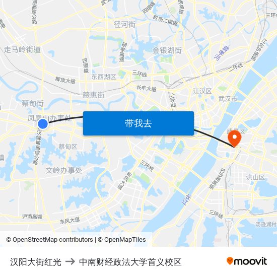 汉阳大街红光 to 中南财经政法大学首义校区 map