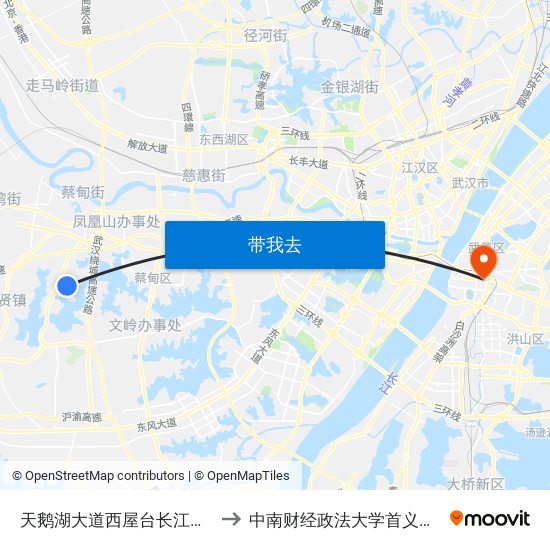 天鹅湖大道西屋台长江大学 to 中南财经政法大学首义校区 map
