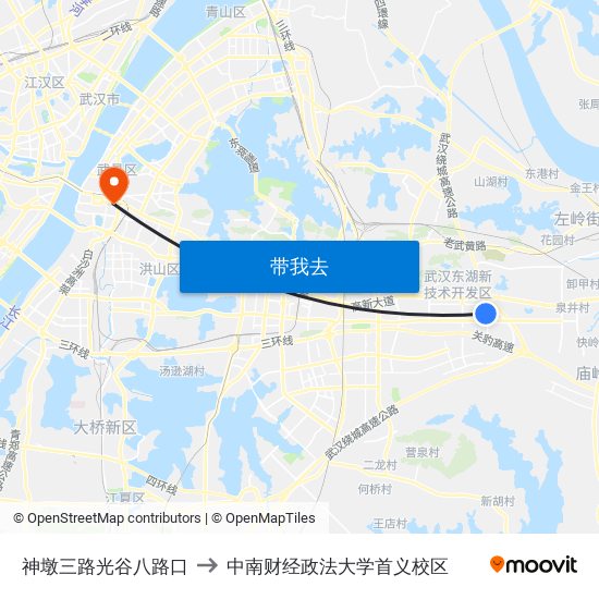 神墩三路光谷八路口 to 中南财经政法大学首义校区 map