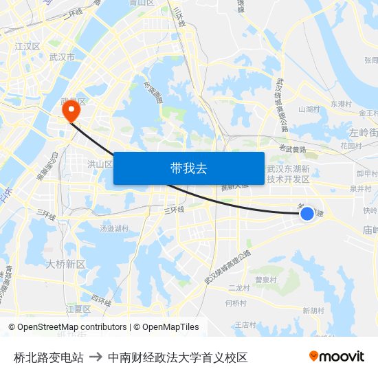 桥北路变电站 to 中南财经政法大学首义校区 map